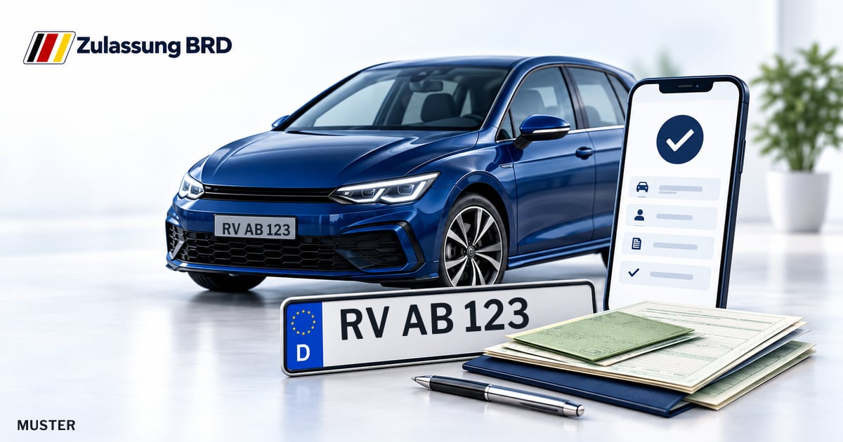 Online Fahrzeugzulassung in Leutkirch im Allgäu: Musterkennzeichen RV AB 123, Auto und Fahrzeugpapiere und Smartphone. Illustration mit Logo von Zulassung BRD.
